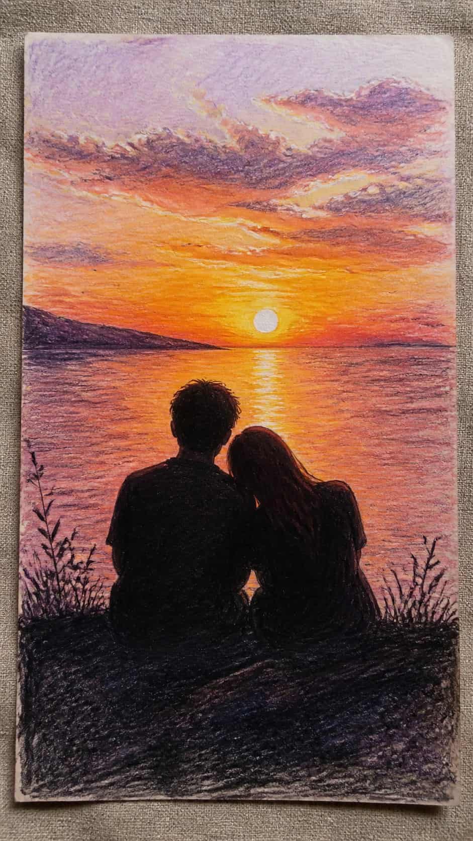 Hand-drawn lovers' silhouette at sunset in colored-pencil and gouache drawing on textured paper, shown in a close overhead crop — study 1