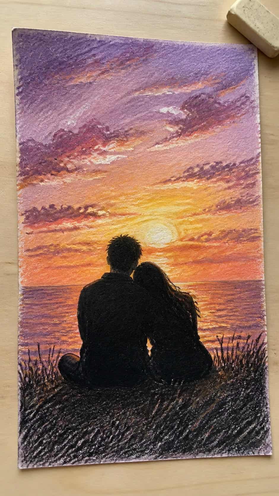 Hand-drawn lovers' silhouette at sunset in colored-pencil and gouache drawing on textured paper, shown in a slightly off-center — study 2
