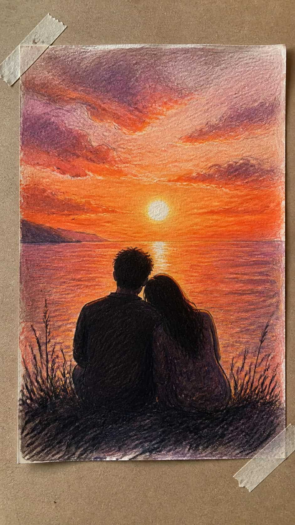 Hand-drawn lovers' silhouette at sunset in colored-pencil and gouache drawing on textured paper, shown in a straight overhead view — study 3