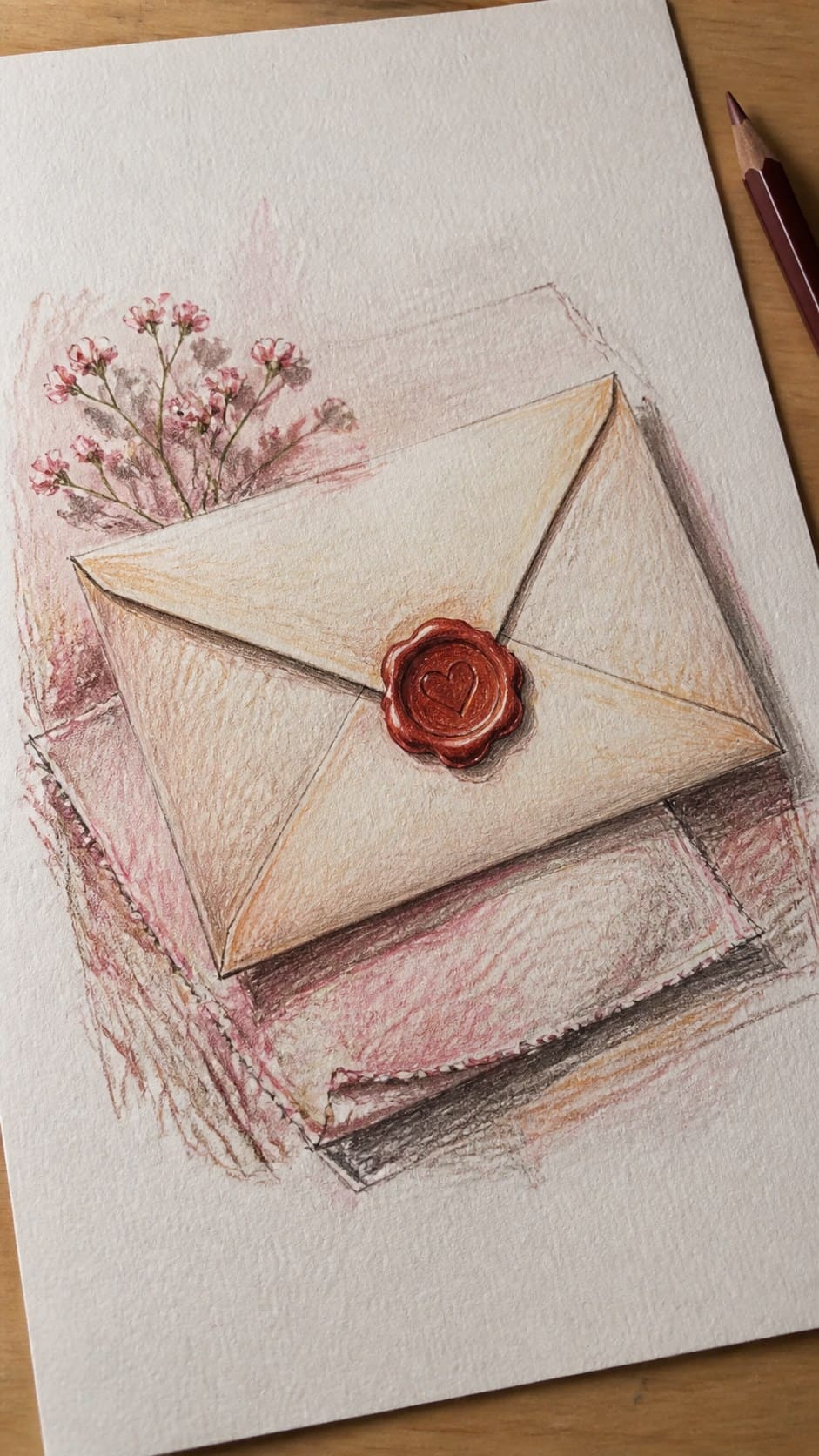 Hand-drawn heartfelt love letter in colored-pencil and gouache drawing on textured paper, shown in a slightly off-center overhead — study 1