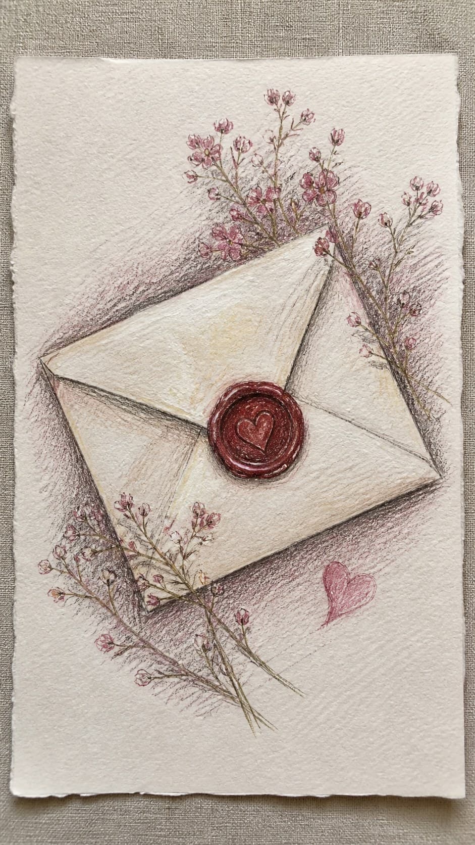 Hand-drawn heartfelt love letter in colored-pencil and gouache drawing on textured paper, shown in a straight overhead view — study 2