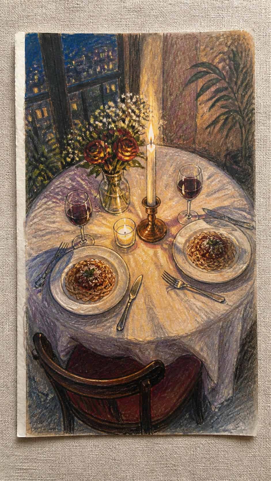Hand-drawn candlelit dinner for two in colored-pencil and gouache drawing on textured paper, shown in a slightly off-center overhead — study 1