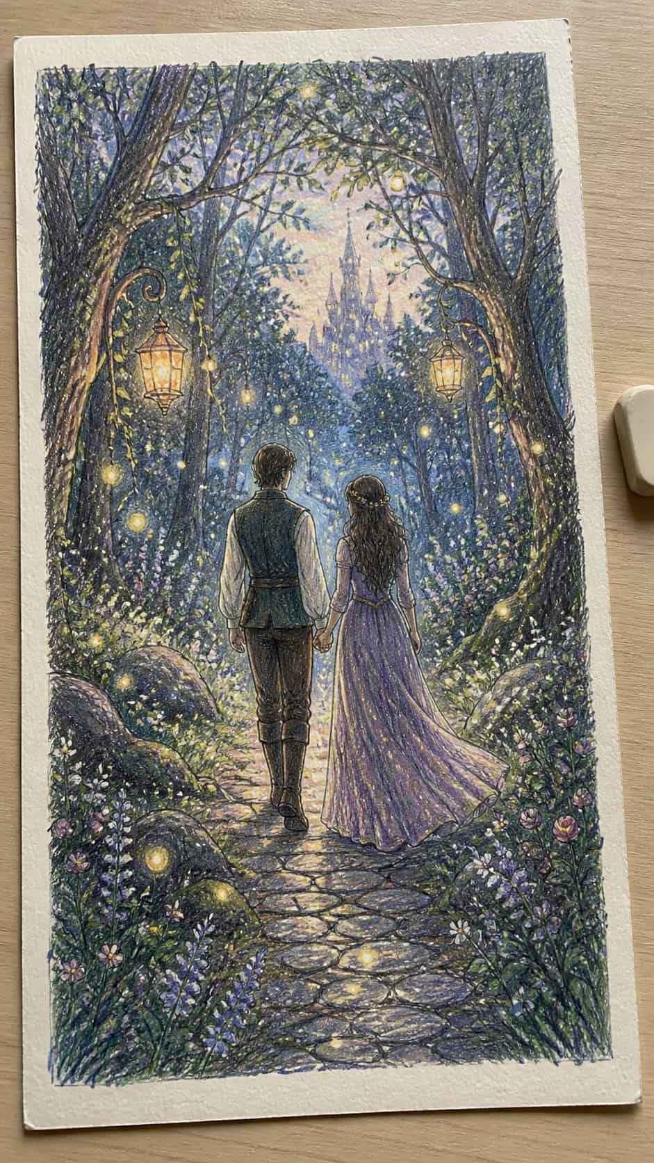 Hand-drawn enchanted forest stroll in colored-pencil and gouache drawing on textured paper, shown in a close overhead crop — study 2