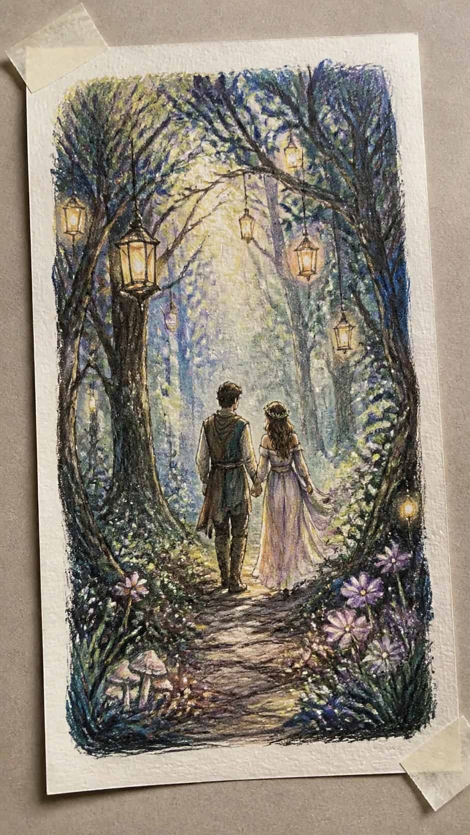 Hand-drawn enchanted forest stroll in colored-pencil and gouache drawing on textured paper, shown in a slightly off-center overhead — study 3