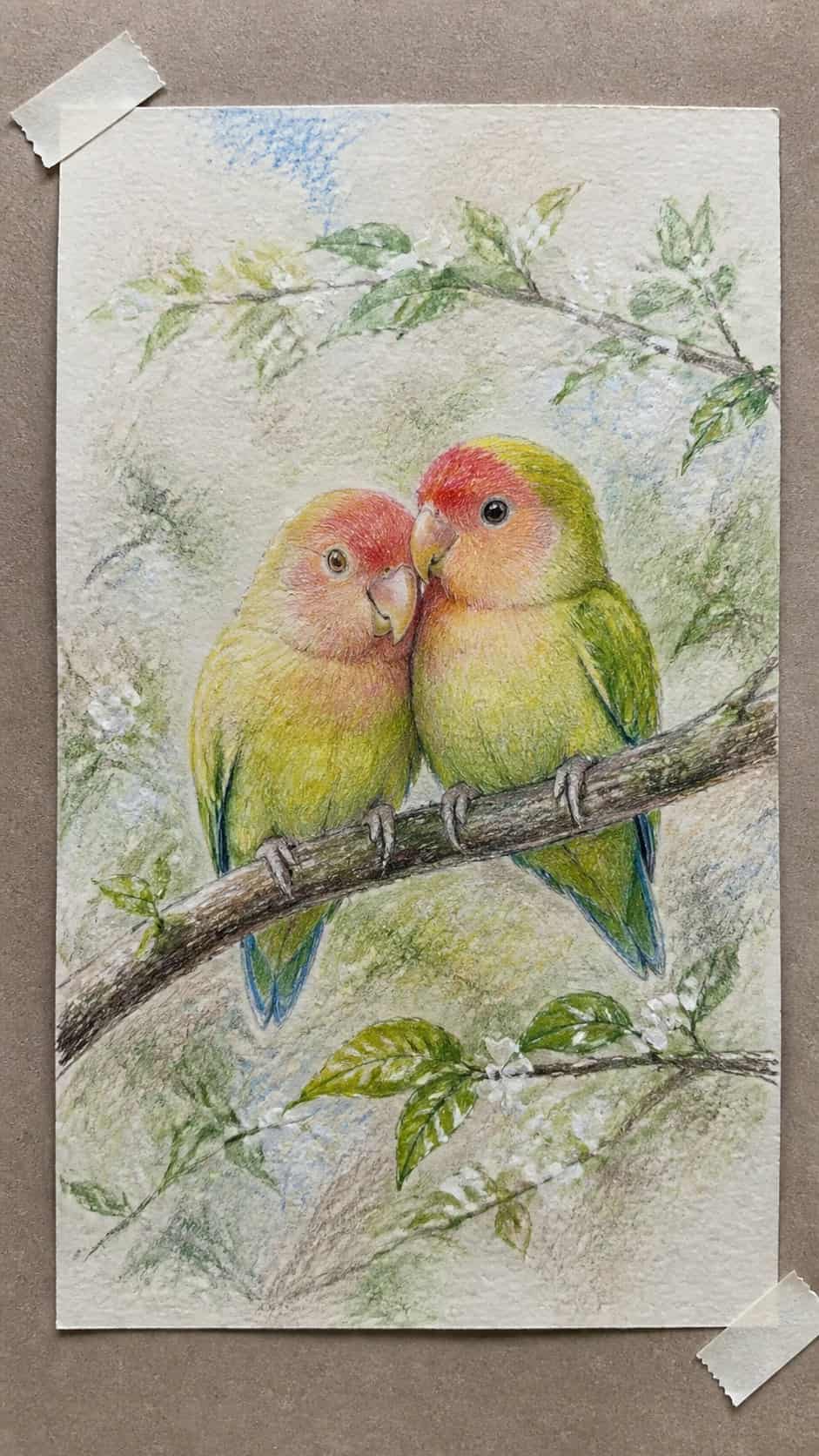 Hand-drawn lovebirds on a branch in colored-pencil and gouache drawing on textured paper, shown in a straight overhead view — study 1