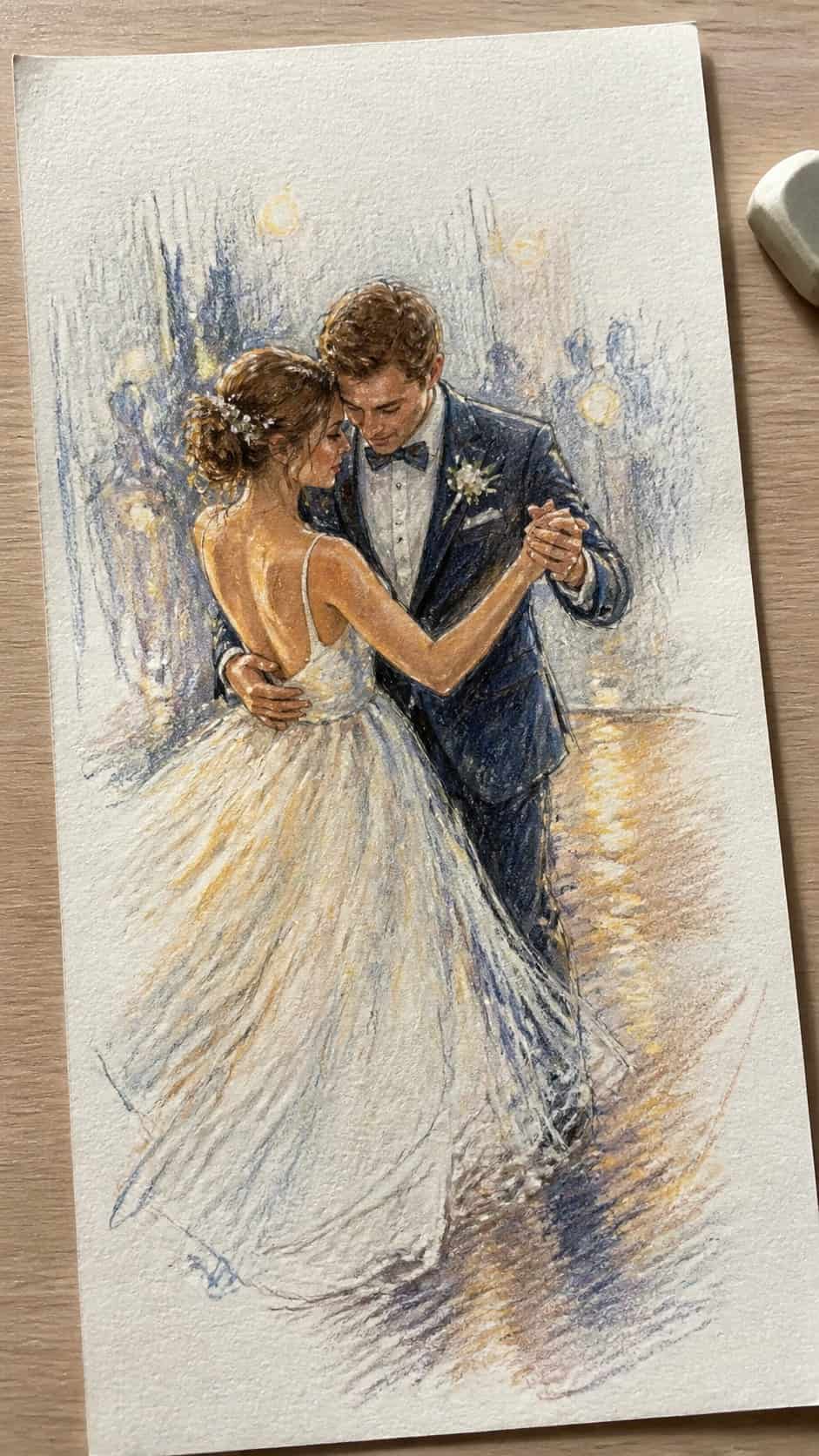 Hand-drawn first dance in colored-pencil and gouache drawing on textured paper, shown in a slightly off-center overhead composition — study 2