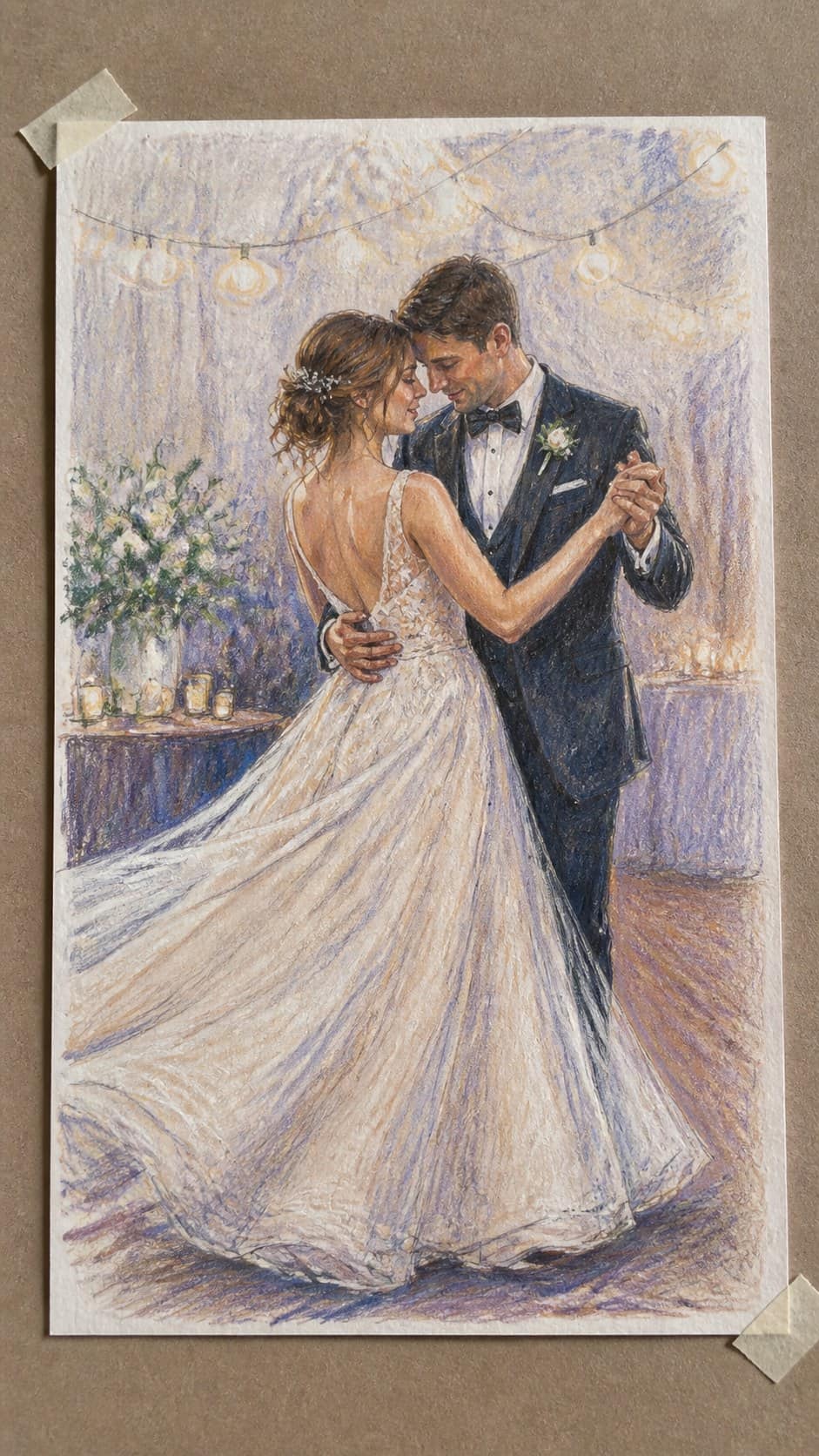 Hand-drawn first dance in colored-pencil and gouache drawing on textured paper, shown in a straight overhead view — study 3