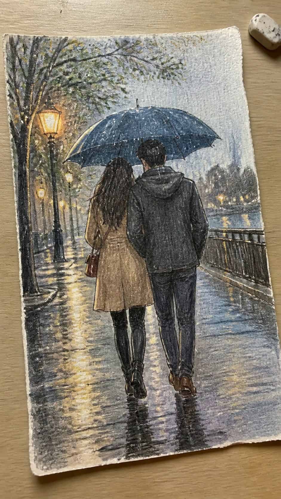 Hand-drawn shared umbrella in the rain in colored-pencil and gouache drawing on textured paper, shown in a close overhead crop — study 1
