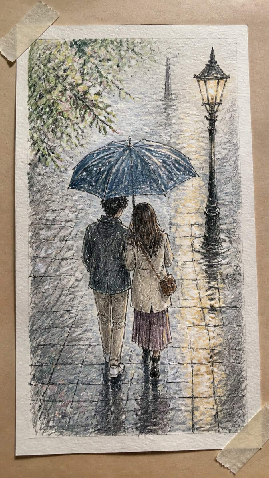 Hand-drawn shared umbrella in the rain in colored-pencil and gouache drawing on textured paper, shown in a slightly off-center — study 2