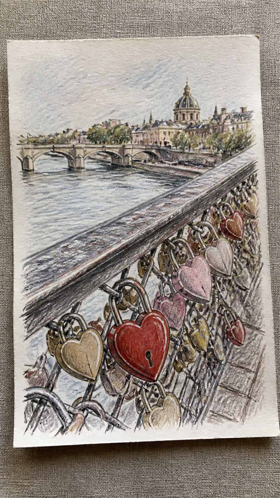 Hand-drawn love locks on a bridge in colored-pencil and gouache drawing on textured paper, shown in a slightly off-center overhead — study 1
