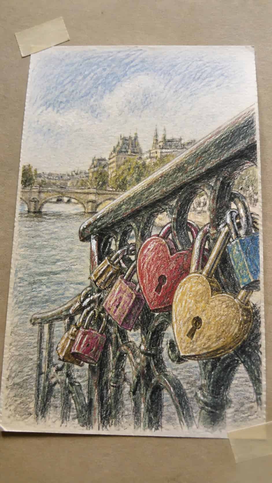 Hand-drawn love locks on a bridge in colored-pencil and gouache drawing on textured paper, shown in a gentle oblique desk view that — study 3