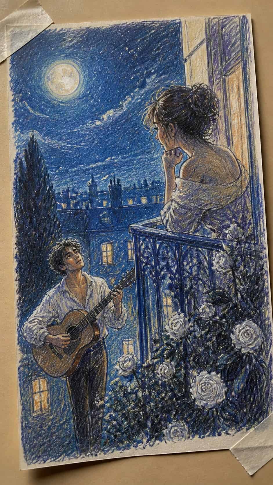 Hand-drawn moonlit serenade in colored-pencil and gouache drawing on textured paper, shown in a close overhead crop — study 1