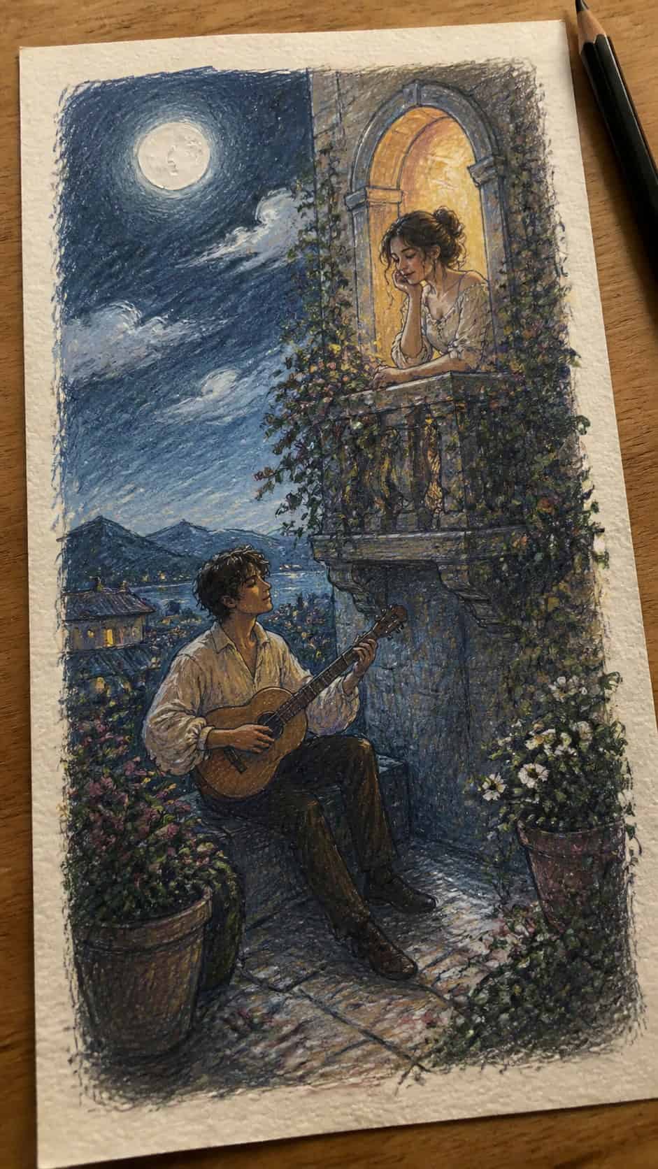 Hand-drawn moonlit serenade in colored-pencil and gouache drawing on textured paper, shown in a slightly off-center overhead — study 2