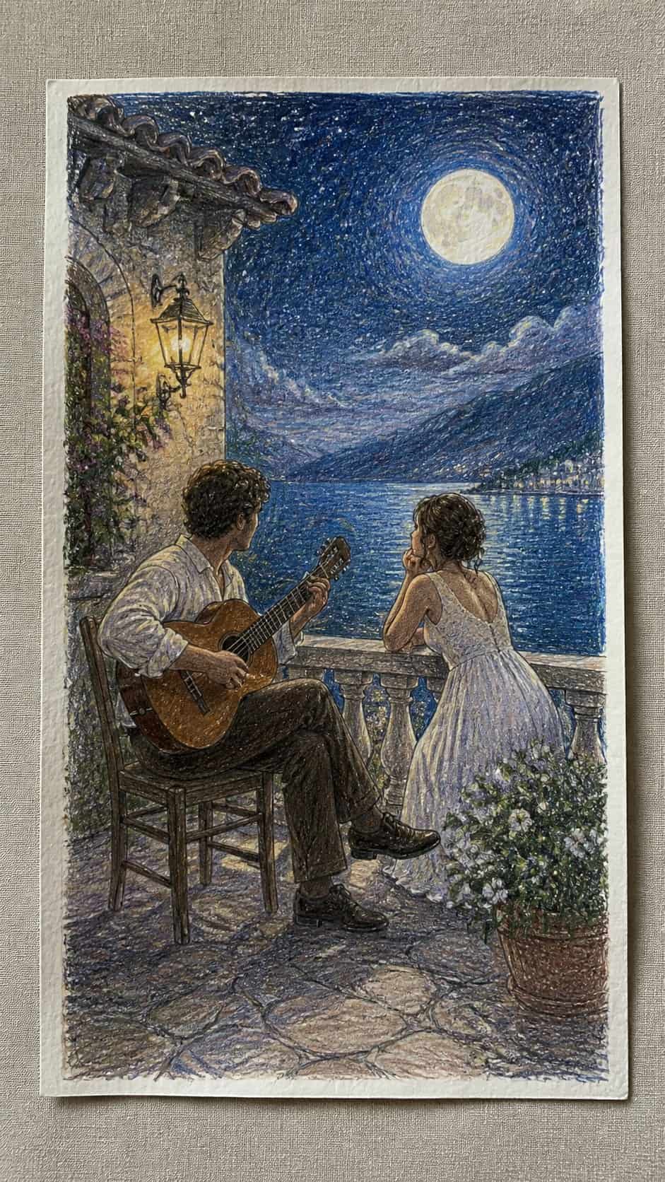 Hand-drawn moonlit serenade in colored-pencil and gouache drawing on textured paper, shown in a straight overhead view — study 3