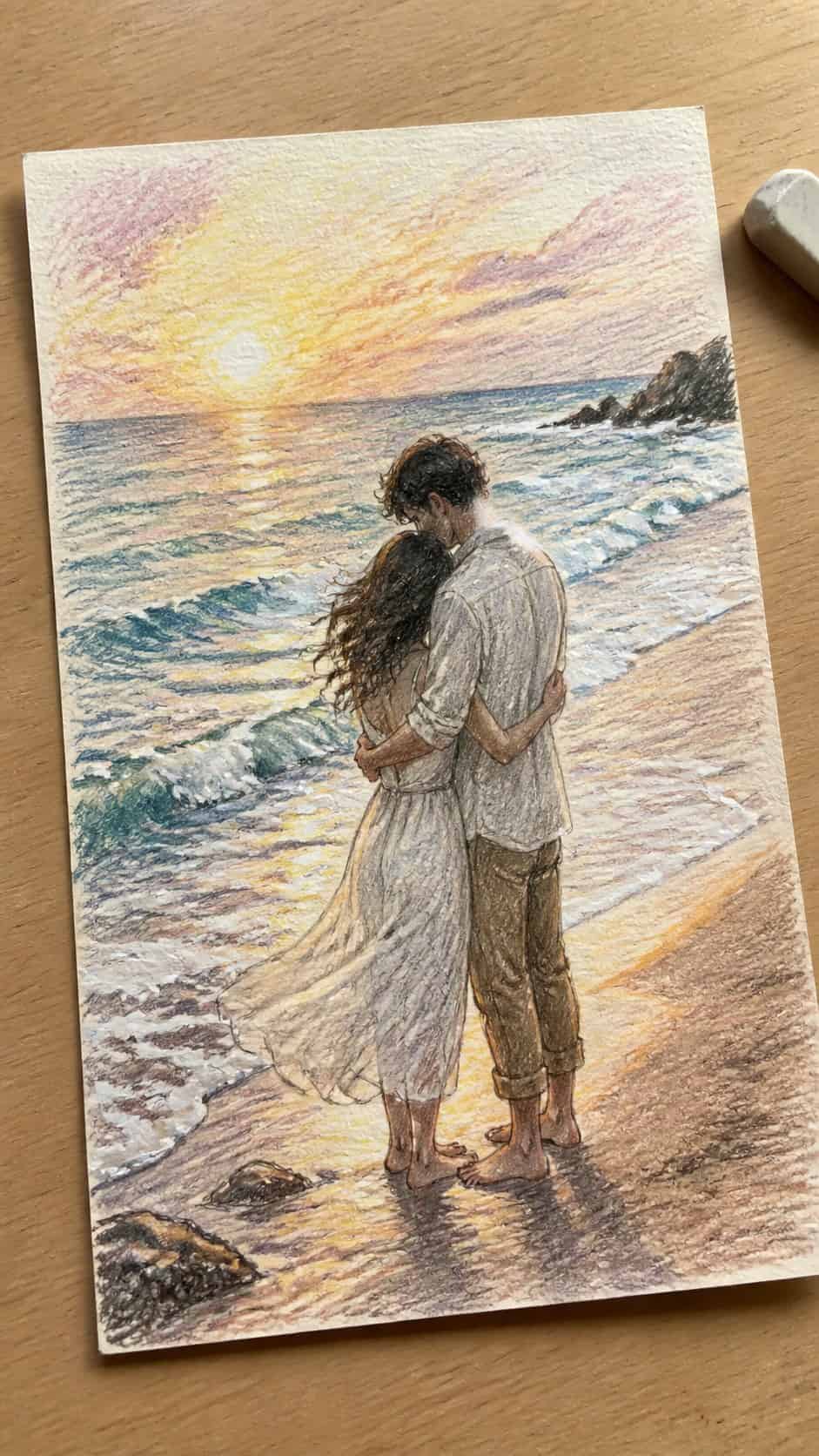 Hand-drawn seaside embrace in colored-pencil and gouache drawing on textured paper, shown in a slightly off-center overhead — study 1