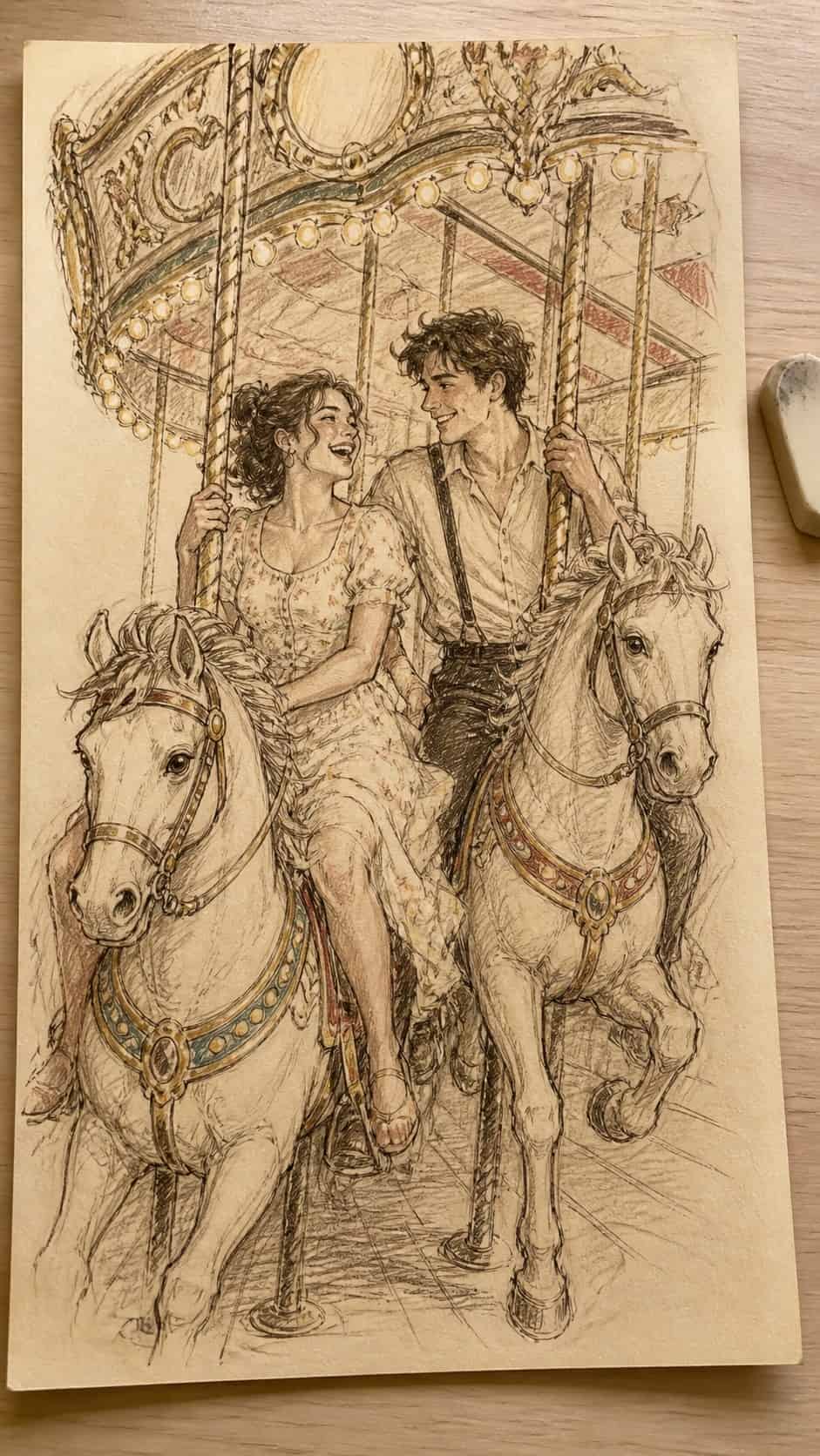 Hand-drawn vintage carousel ride in sepia ink drawing on textured paper, shown in a close overhead crop — study 1