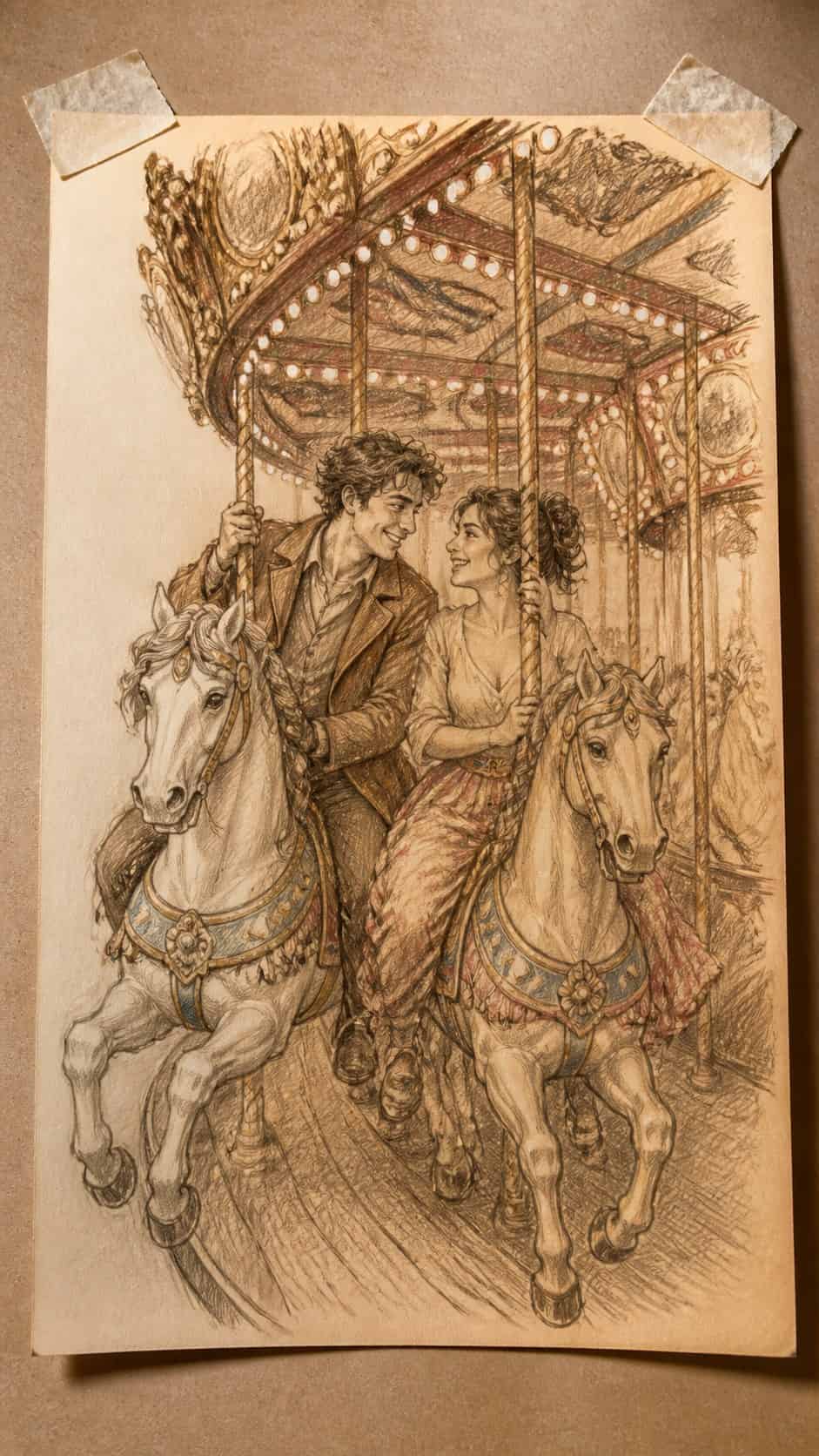 Hand-drawn vintage carousel ride in sepia ink drawing on textured paper, shown in a slightly off-center overhead composition, like an — study 2
