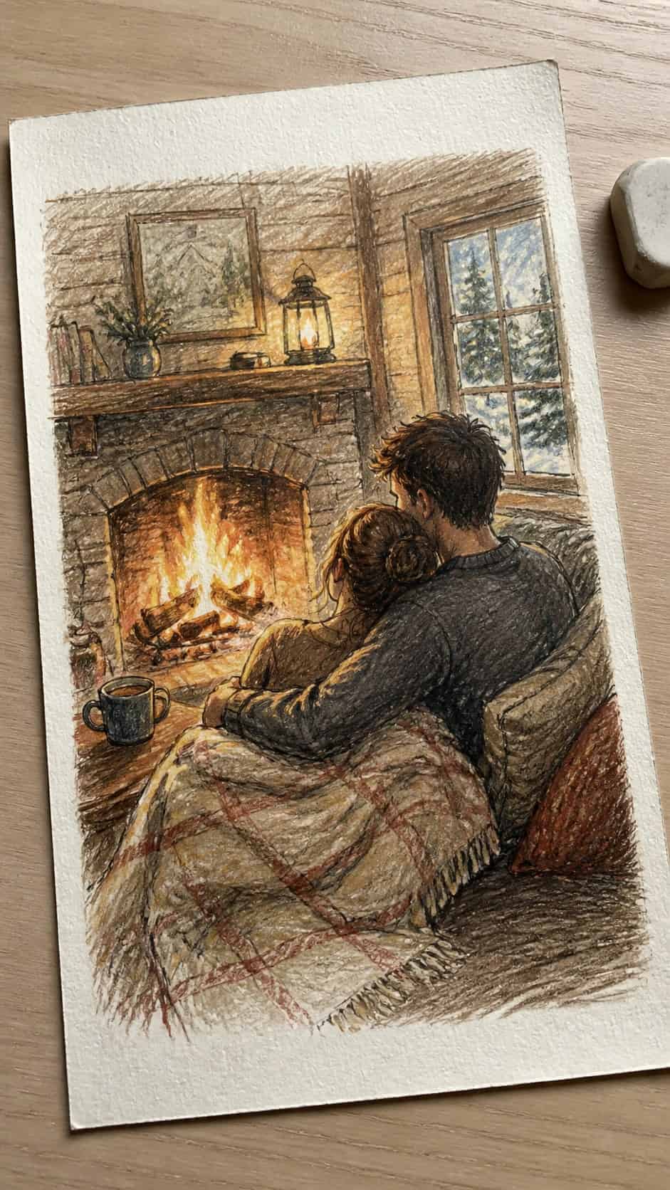 Hand-drawn cozy fireplace moment in colored-pencil and gouache drawing on textured paper, shown in a gentle oblique desk view that — study 2