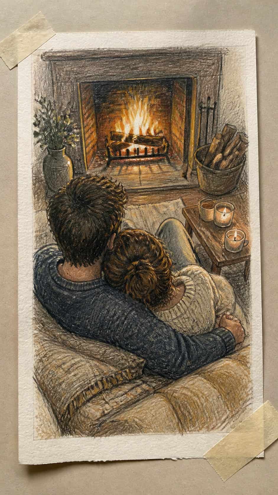 Hand-drawn cozy fireplace moment in colored-pencil and gouache drawing on textured paper, shown in a close overhead crop — study 3