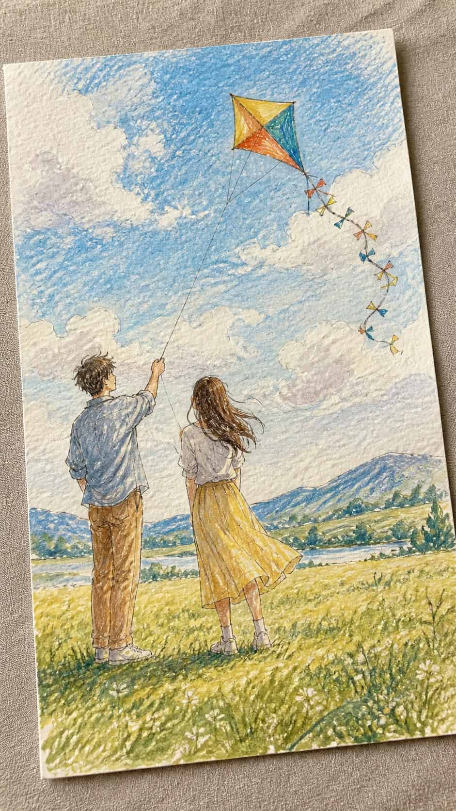 Hand-drawn kite flying together in colored-pencil and gouache drawing on textured paper, shown in a gentle oblique desk view that — study 1