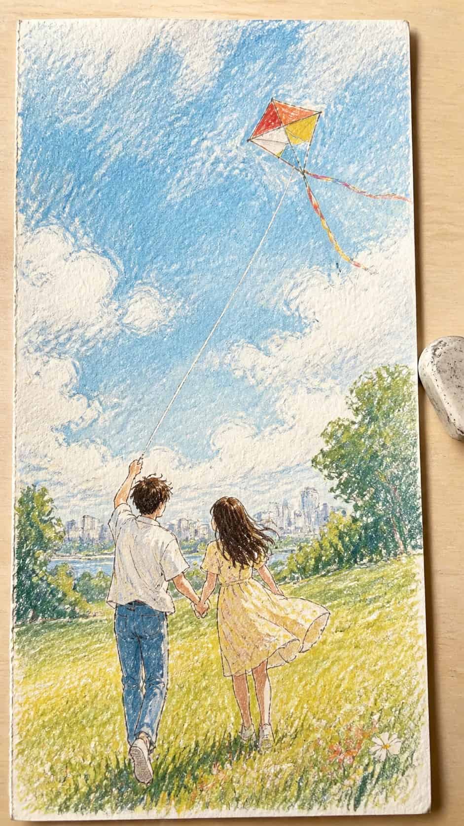 Hand-drawn kite flying together in colored-pencil and gouache drawing on textured paper, shown in a close overhead crop — study 2