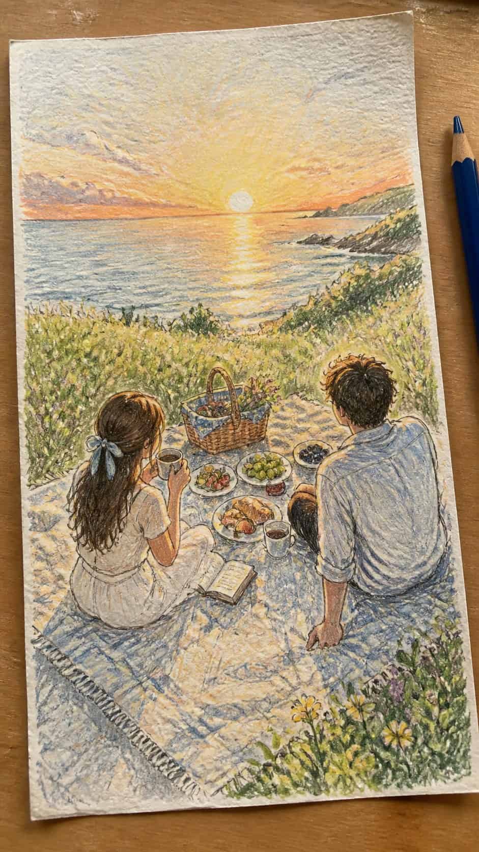 Hand-drawn sunrise picnic in colored-pencil and gouache drawing on textured paper, shown in a close overhead crop — study 2