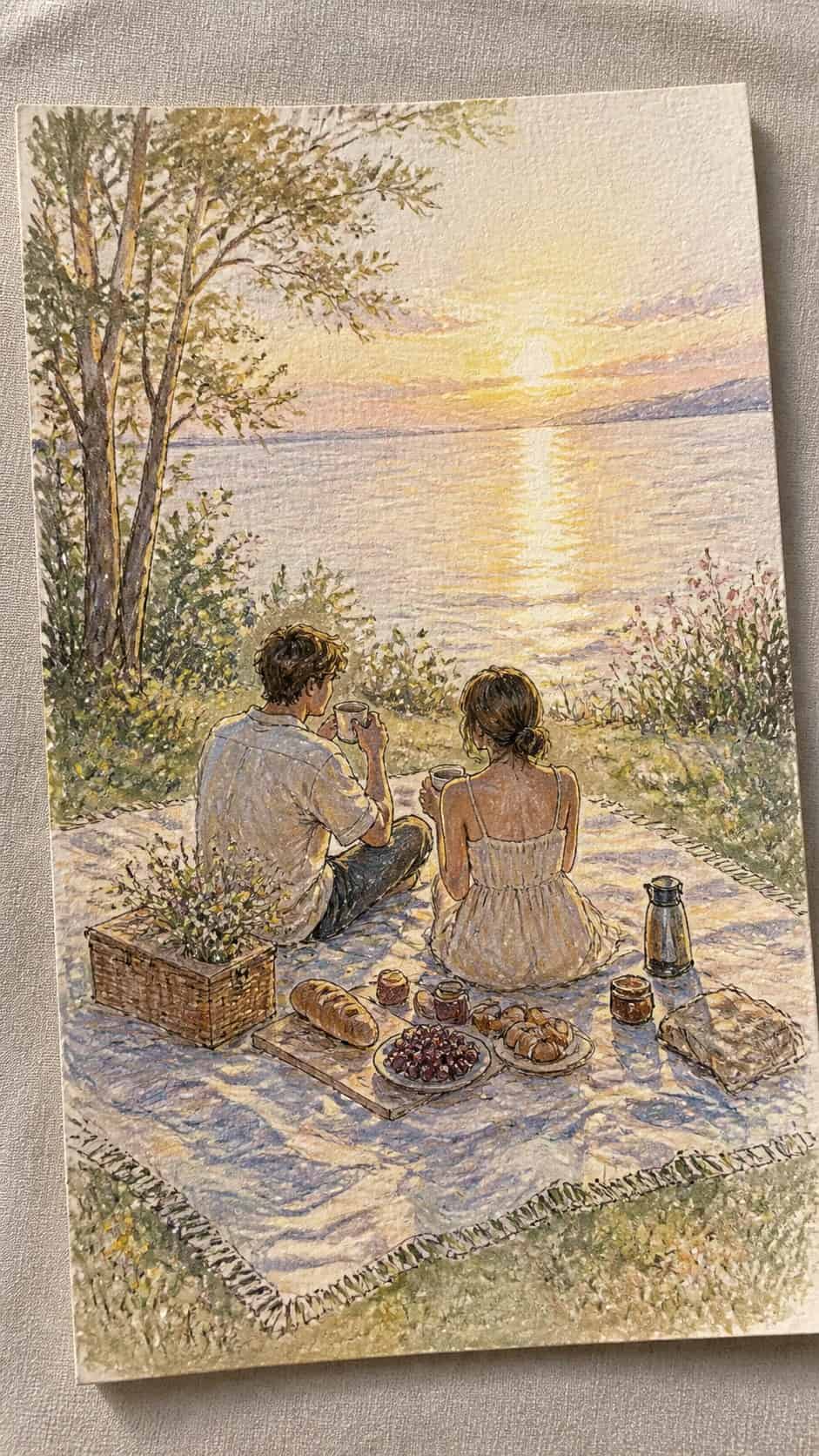 Hand-drawn sunrise picnic in colored-pencil and gouache drawing on textured paper, shown in a slightly off-center overhead — study 3