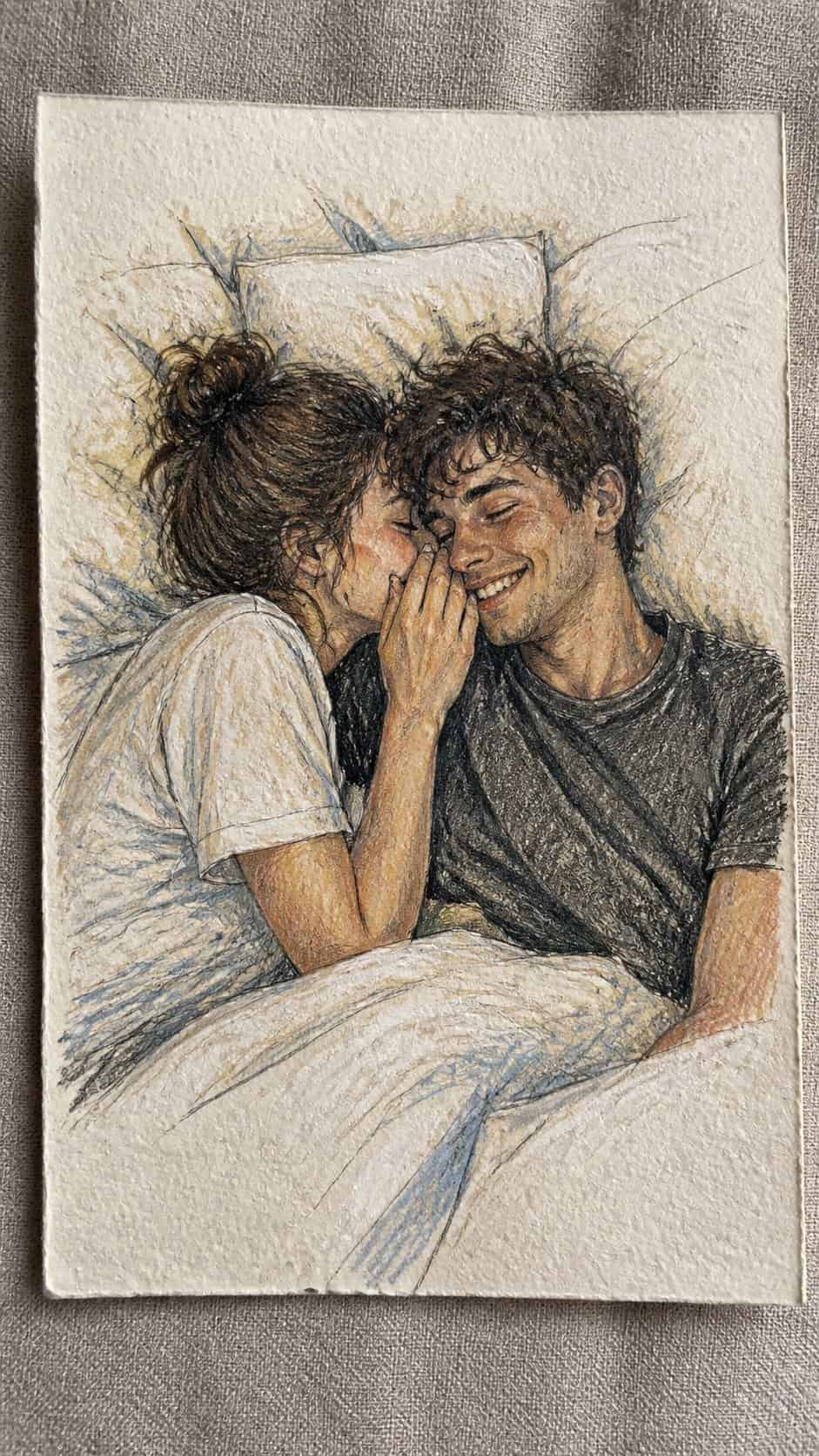 Hand-drawn whispering sweet nothings in colored-pencil and gouache drawing on textured paper, shown in a slightly off-center overhead — study 1