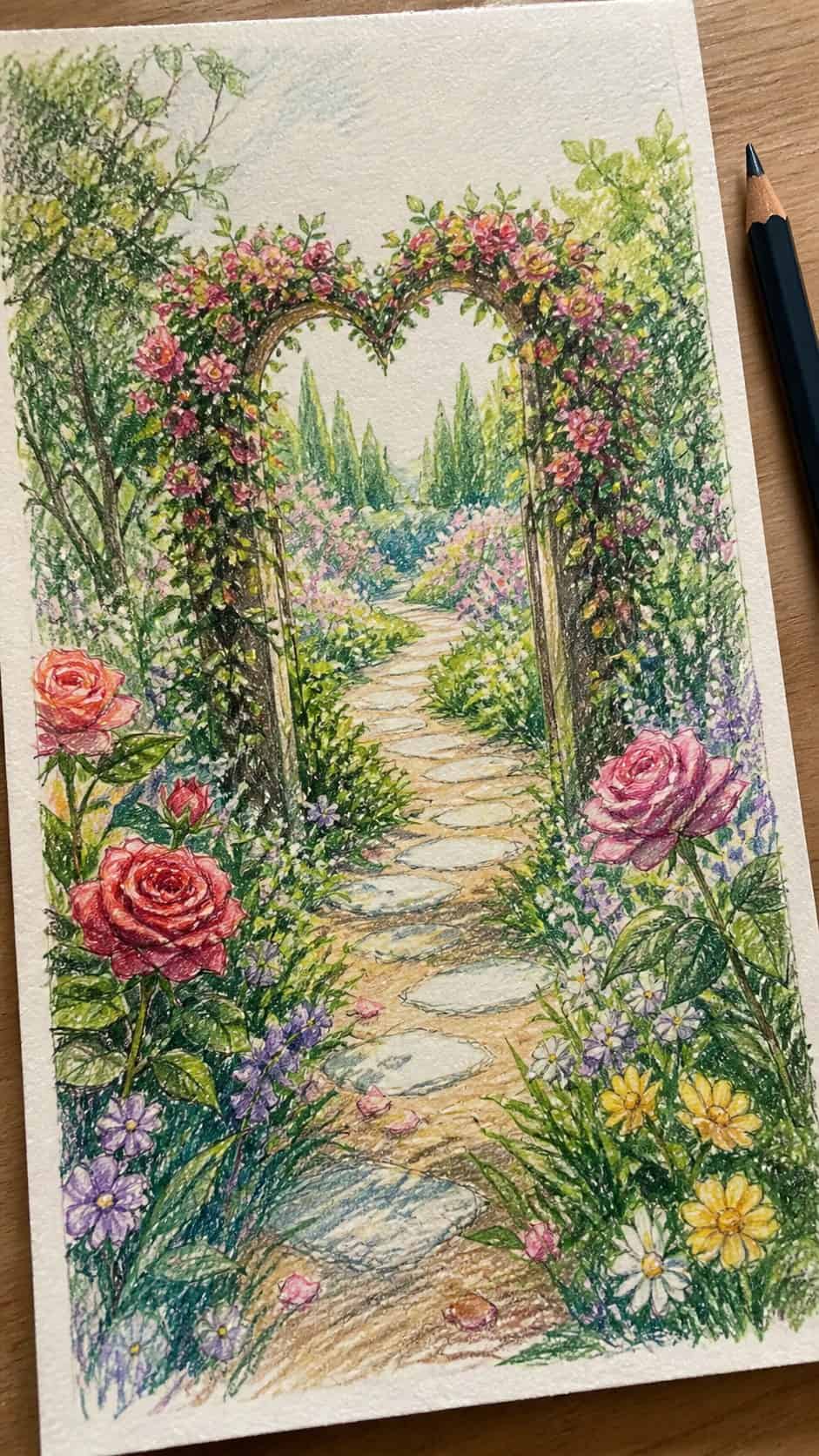 Hand-drawn garden of love in colored-pencil and gouache drawing on textured paper, shown in a close overhead crop — study 2