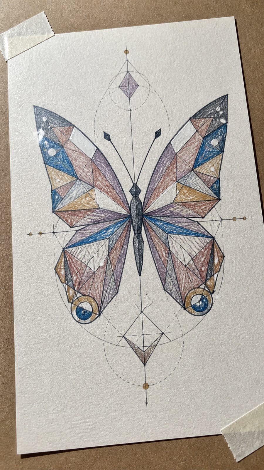 Bored of the Usual? Discover 16 Fresh Butterfly Drawing Concepts 2 Hand-drawn geometric butterfly in colored-pencil and gouache drawing on textured paper, shown in a gentle oblique desk view that shows — study 1