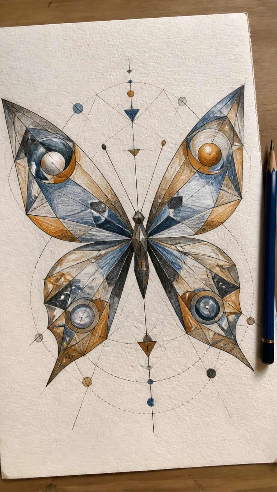 Bored of the Usual? Discover 16 Fresh Butterfly Drawing Concepts 3 Hand-drawn geometric butterfly in colored-pencil and gouache drawing on textured paper, shown in a close overhead crop — study 2