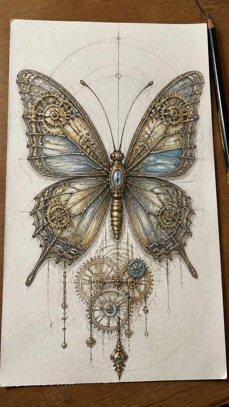 Bored of the Usual? Discover 16 Fresh Butterfly Drawing Concepts 4 Hand-drawn steampunk butterfly in colored-pencil and gouache drawing on textured paper, shown in a straight overhead view — study 1
