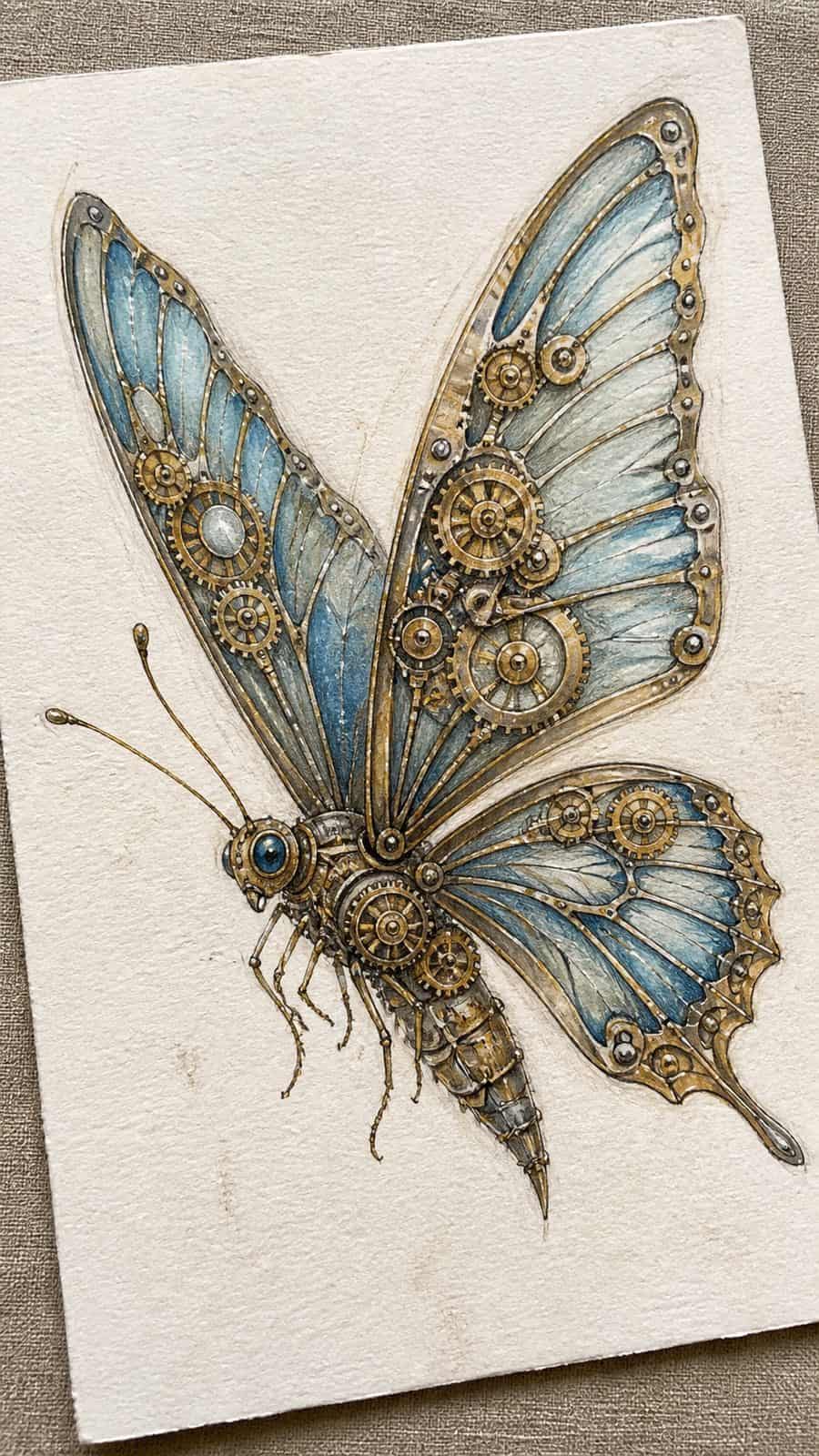 Bored of the Usual? Discover 16 Fresh Butterfly Drawing Concepts 5 Hand-drawn steampunk butterfly in colored-pencil and gouache drawing on textured paper, shown in a gentle oblique desk view that shows — study 2