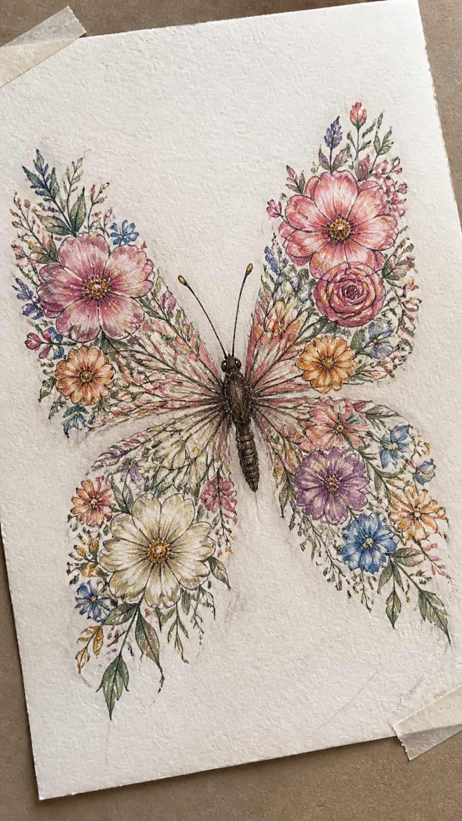 Bored of the Usual? Discover 16 Fresh Butterfly Drawing Concepts 6 Hand-drawn floral winged butterfly in colored-pencil and gouache drawing on textured paper, shown in a gentle oblique desk view that — study 1