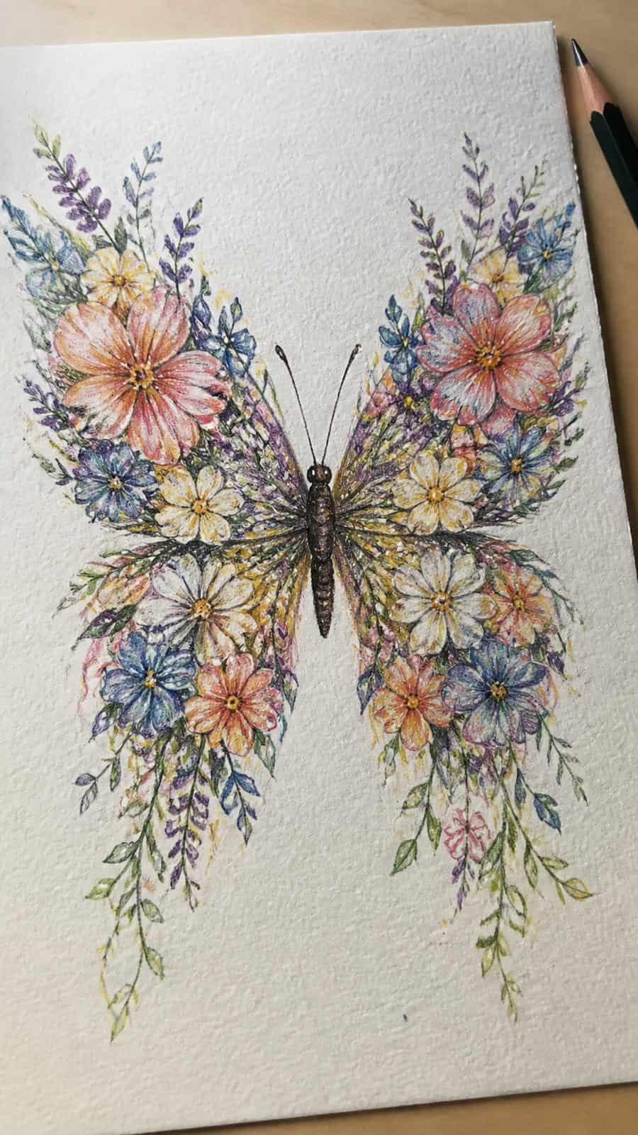 Bored of the Usual? Discover 16 Fresh Butterfly Drawing Concepts 7 Hand-drawn floral winged butterfly in colored-pencil and gouache drawing on textured paper, shown in a close overhead crop — study 2