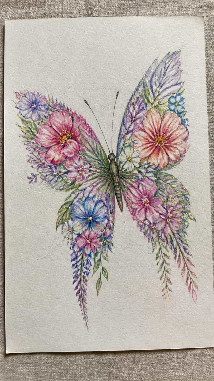 Bored of the Usual? Discover 16 Fresh Butterfly Drawing Concepts 8 Hand-drawn floral winged butterfly in colored-pencil and gouache drawing on textured paper, shown in a slightly off-center overhead — study 3