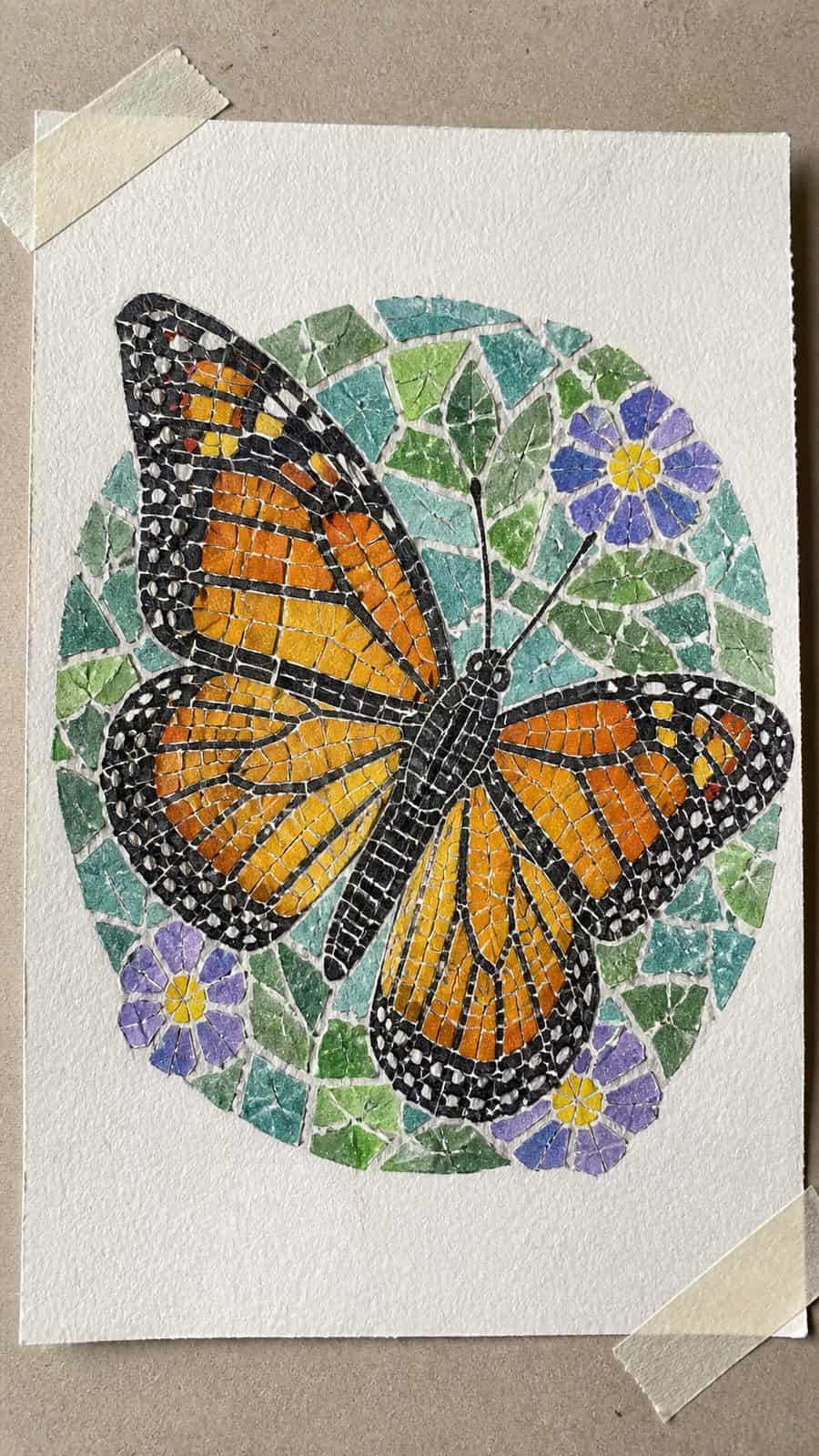 Bored of the Usual? Discover 16 Fresh Butterfly Drawing Concepts 9 Hand-drawn monarch butterfly mosaic in colored-pencil and gouache drawing on textured paper, shown in a slightly off-center overhead — study 1