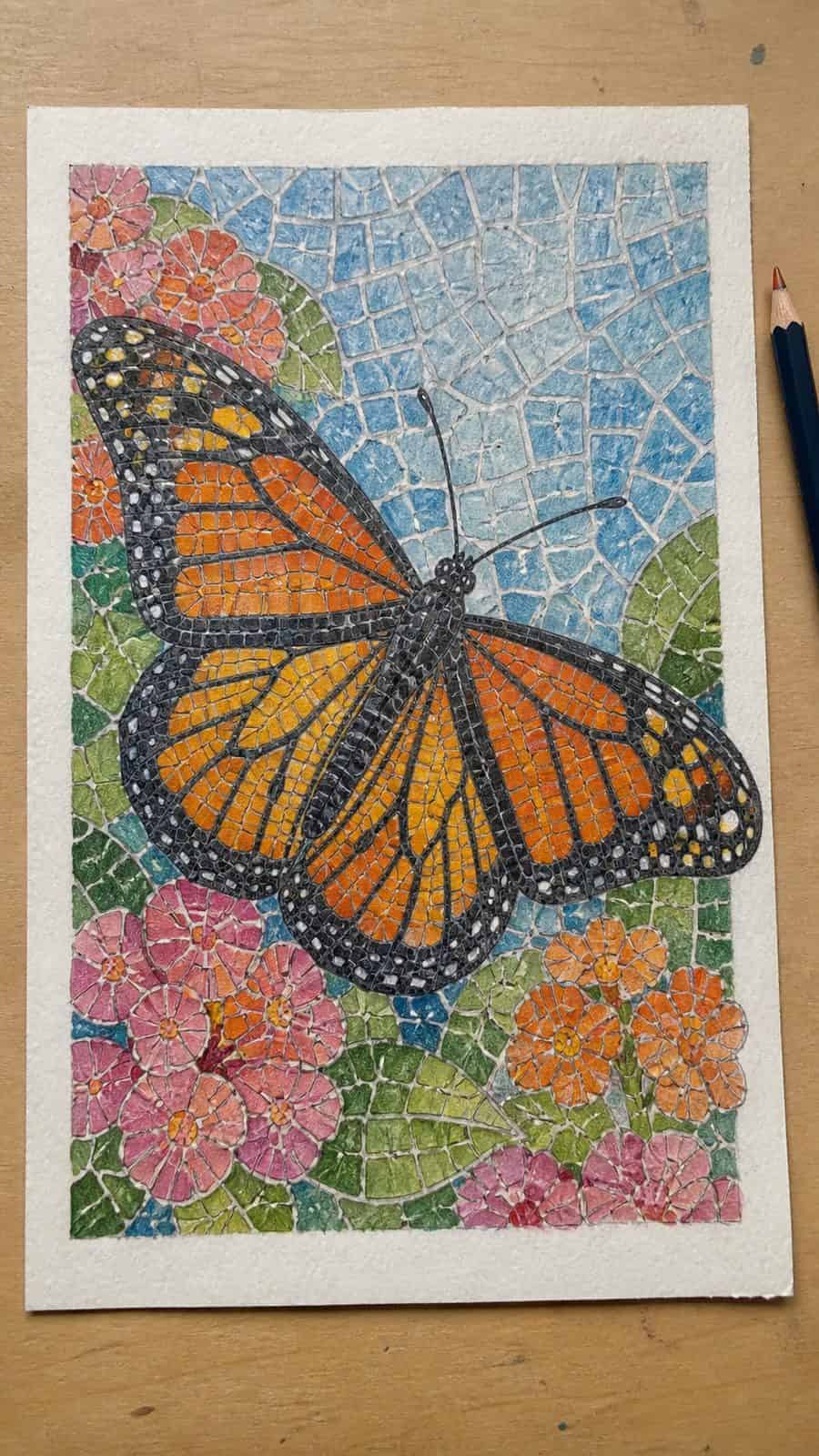 Bored of the Usual? Discover 16 Fresh Butterfly Drawing Concepts 10 Hand-drawn monarch butterfly mosaic in colored-pencil and gouache drawing on textured paper, shown in a straight overhead view — study 2