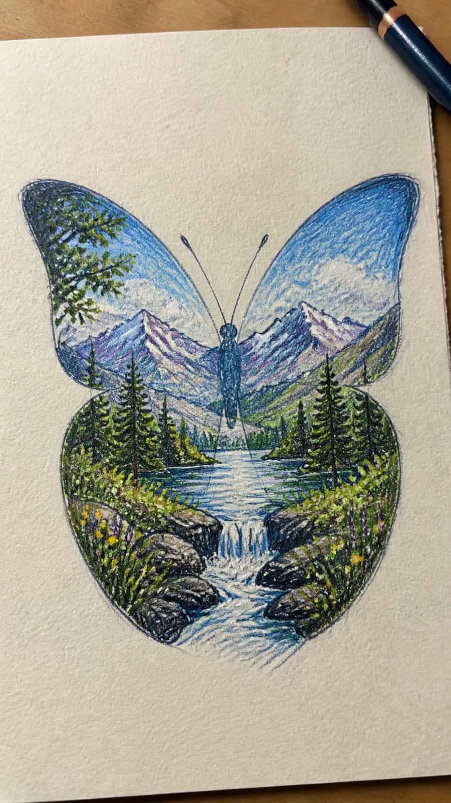 Bored of the Usual? Discover 16 Fresh Butterfly Drawing Concepts 11 Hand-drawn butterfly silhouette landscape in colored-pencil and gouache drawing on textured paper, shown in a close overhead crop — study 1