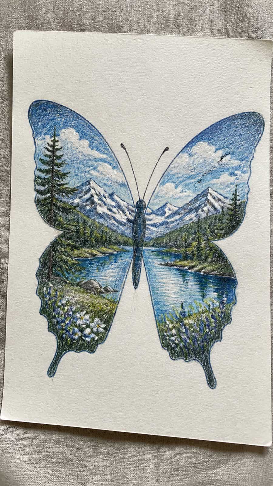 Bored of the Usual? Discover 16 Fresh Butterfly Drawing Concepts 12 Hand-drawn butterfly silhouette landscape in colored-pencil and gouache drawing on textured paper, shown in a slightly off-center — study 2