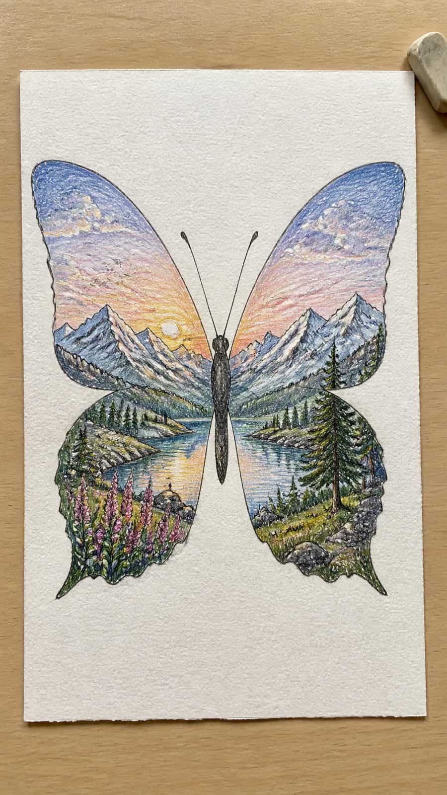 Bored of the Usual? Discover 16 Fresh Butterfly Drawing Concepts 13 Hand-drawn butterfly silhouette landscape in colored-pencil and gouache drawing on textured paper, shown in a straight overhead view — study 3