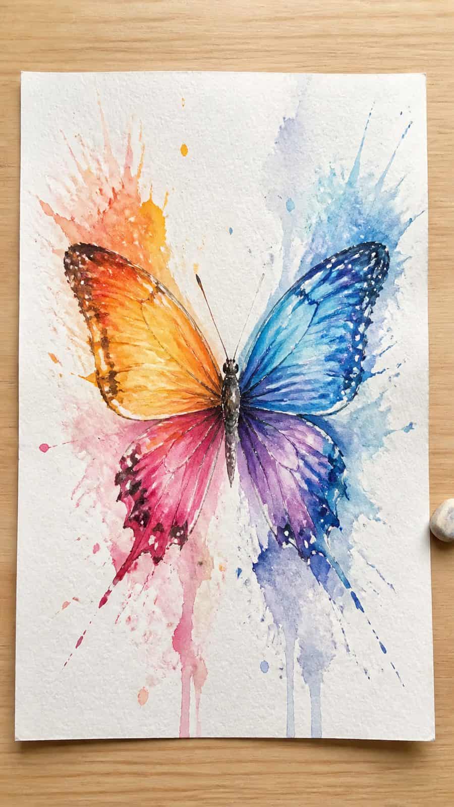 Bored of the Usual? Discover 16 Fresh Butterfly Drawing Concepts 14 Hand-drawn watercolor splash butterfly in colored-pencil and gouache drawing on textured paper, shown in a straight overhead view — study 1