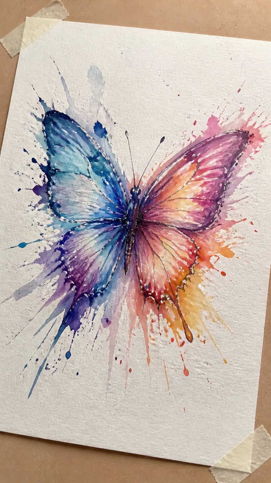 Bored of the Usual? Discover 16 Fresh Butterfly Drawing Concepts 15 Hand-drawn watercolor splash butterfly in colored-pencil and gouache drawing on textured paper, shown in a gentle oblique desk view — study 2