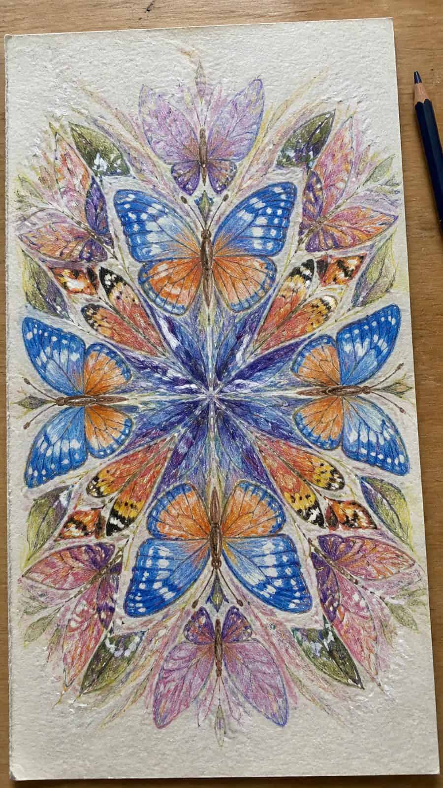 Bored of the Usual? Discover 16 Fresh Butterfly Drawing Concepts 16 Hand-drawn butterfly kaleidoscope in colored-pencil and gouache drawing on textured paper, shown in a close overhead crop — study 1