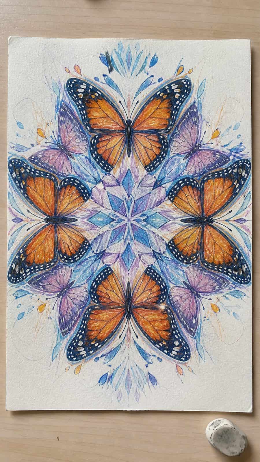 Bored of the Usual? Discover 16 Fresh Butterfly Drawing Concepts 18 Hand-drawn butterfly kaleidoscope in colored-pencil and gouache drawing on textured paper, shown in a straight overhead view — study 3