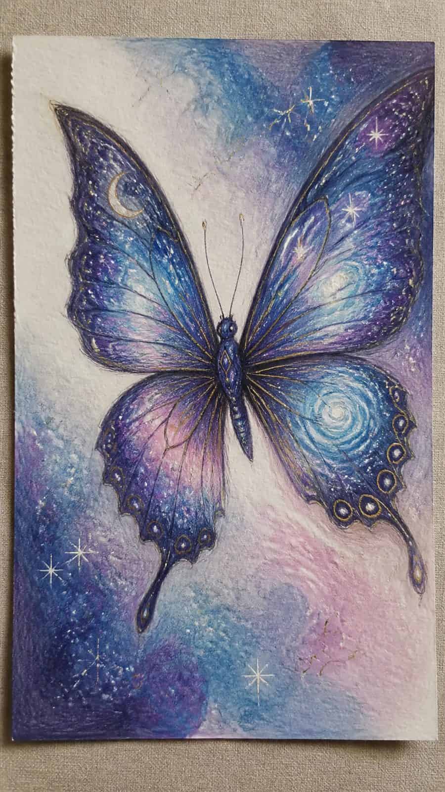 Bored of the Usual? Discover 16 Fresh Butterfly Drawing Concepts 19 Hand-drawn celestial butterfly in colored-pencil and gouache drawing on textured paper, shown in a close overhead crop — study 1