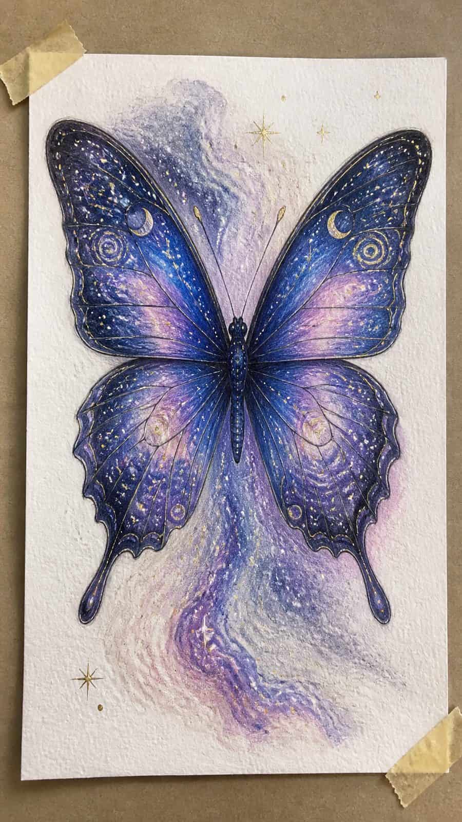 Bored of the Usual? Discover 16 Fresh Butterfly Drawing Concepts 21 Hand-drawn celestial butterfly in colored-pencil and gouache drawing on textured paper, shown in a straight overhead view — study 3