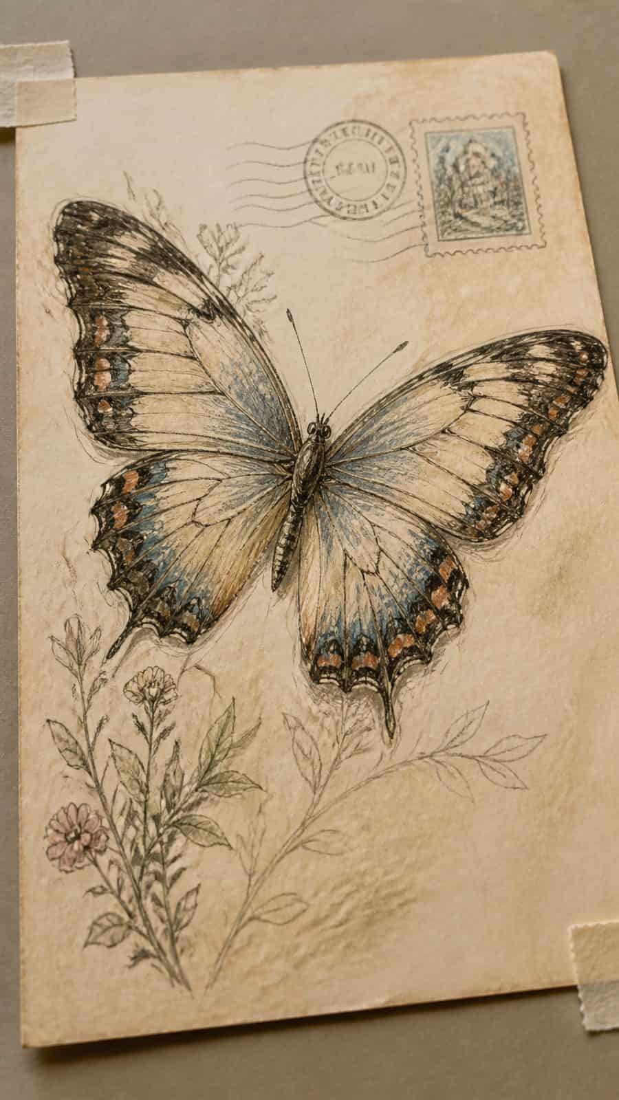 Bored of the Usual? Discover 16 Fresh Butterfly Drawing Concepts 25 Hand-drawn vintage postcard butterfly in sepia ink drawing on textured paper, shown in a gentle oblique desk view that shows paper — study 1