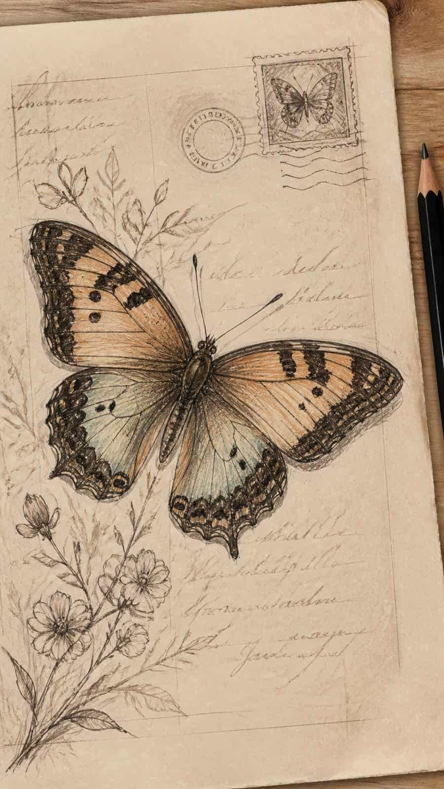Bored of the Usual? Discover 16 Fresh Butterfly Drawing Concepts 26 Hand-drawn vintage postcard butterfly in sepia ink drawing on textured paper, shown in a close overhead crop — study 2