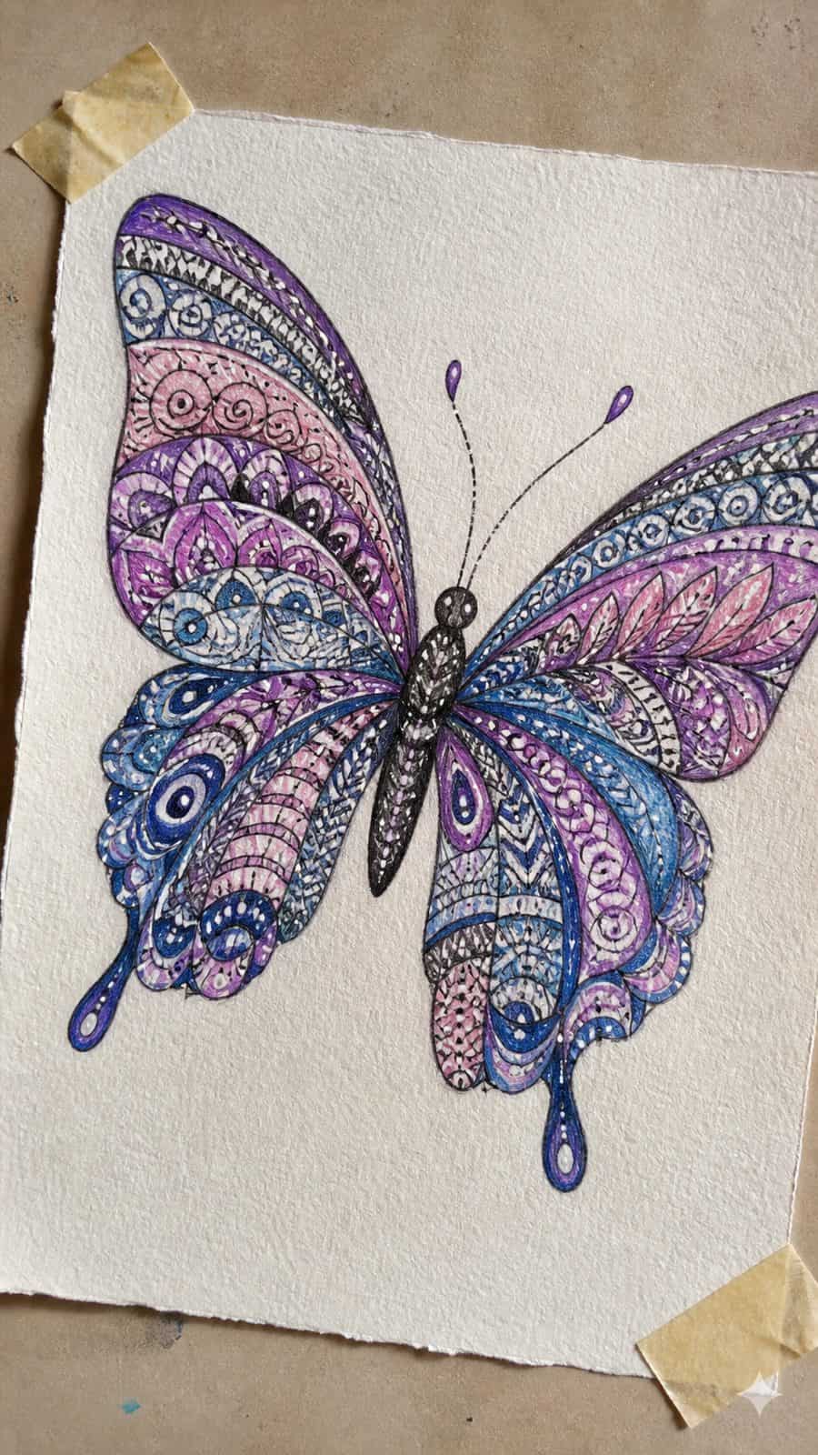 Bored of the Usual? Discover 16 Fresh Butterfly Drawing Concepts 31 Hand-drawn zentangle butterfly in colored-pencil and gouache drawing on textured paper, shown in a slightly off-center overhead — study 3